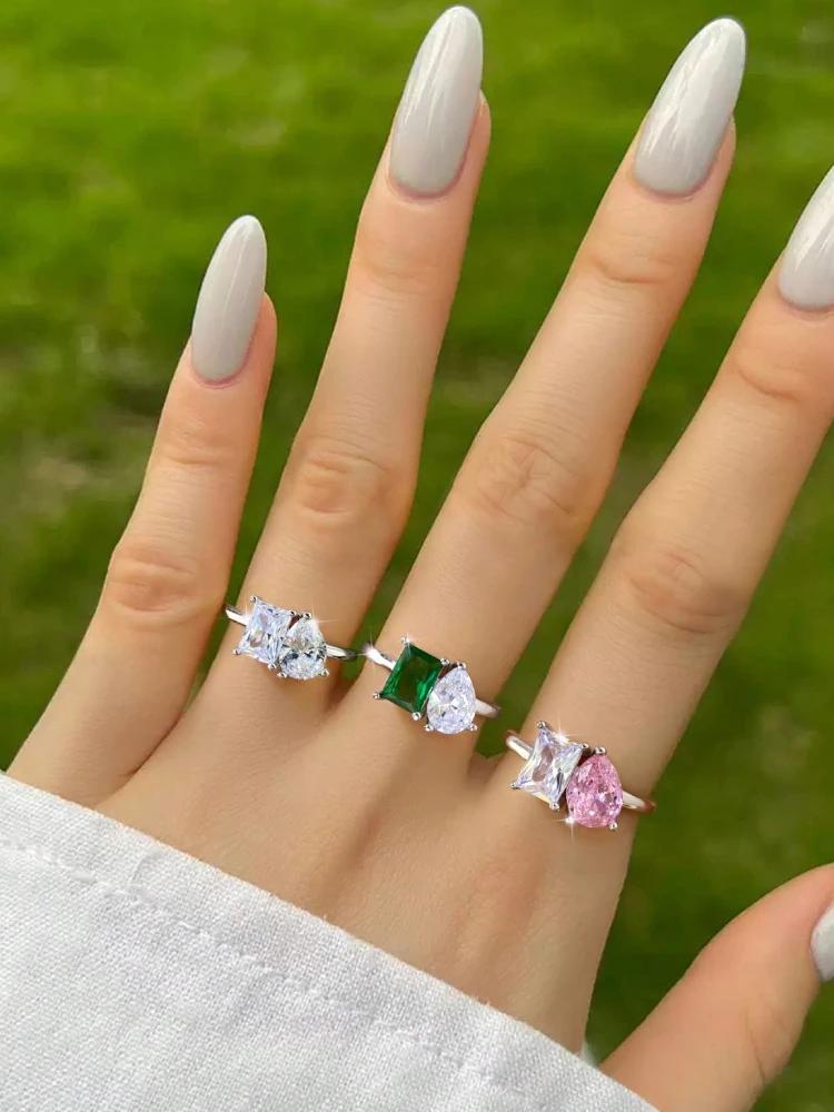 copper WaterDrop Square Sparkling Zircon Ring Ideal For Women Engagement Wedding Luxury Fashion High Quality Fine Jewellery