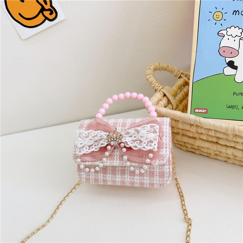 Adorable Girl's Bowknot Coin Purse Charming Pearl Handbag Trendy Chain Shoulder Bag