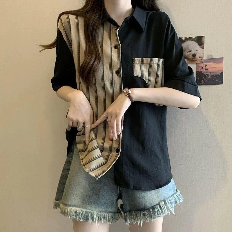 Women s Color Block Striped Short Sleeve Shirt L чёрный