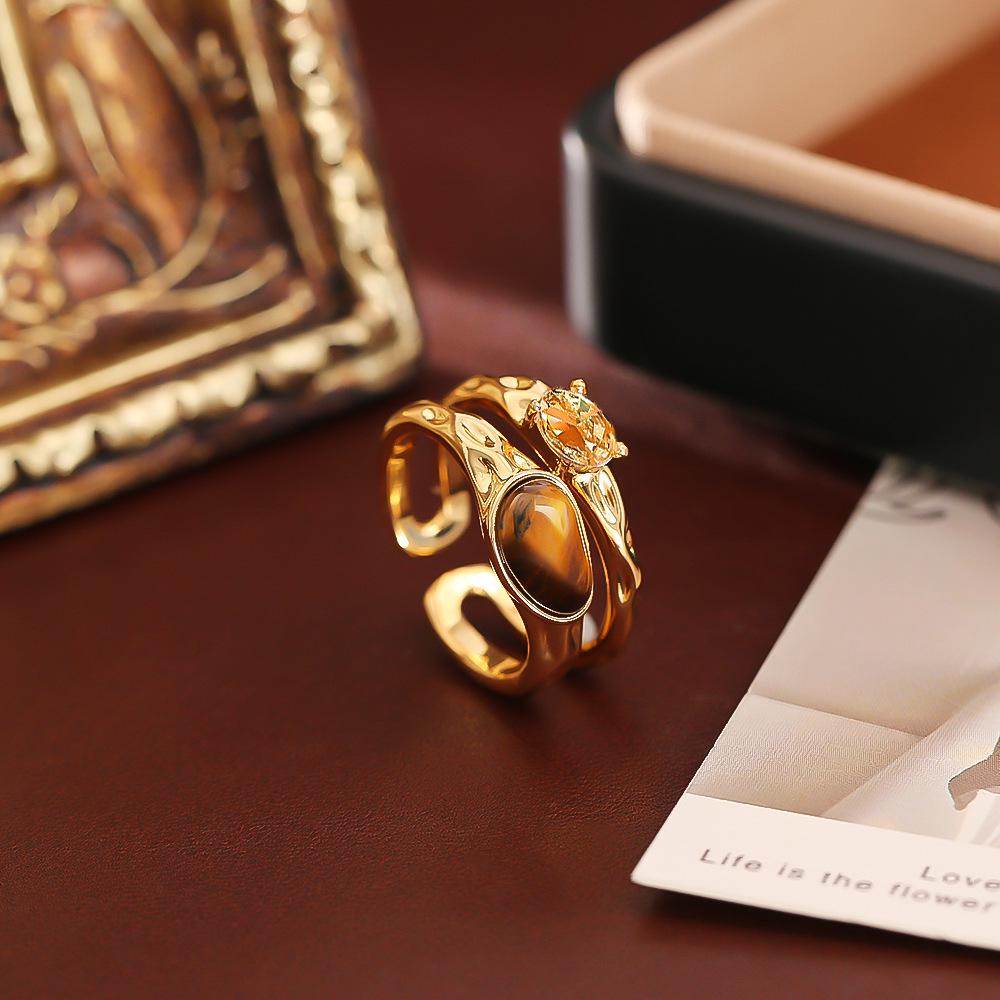 24K Gold-Plated Tiger Eye Adjustable Open Ring - Exquisite, High-End Fashion