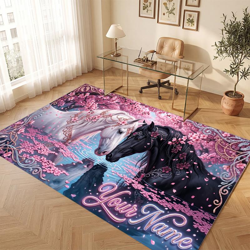 Horse Theme Soft Crystal Velvet Rug Custom Name & Text Print Non Slip Floor Rug for Bedroom Living Room