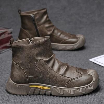 New Retro Men's Ankle Boots with Zipper, Casual High Top Men's Hiking Boots, Classic Leather Boots, Fashionable Motorcycle Shoes