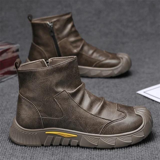 New Retro Men's Ankle Boots with Zipper, Casual High Top Men's Hiking Boots, Classic Leather Boots, Fashionable Motorcycle Shoes
