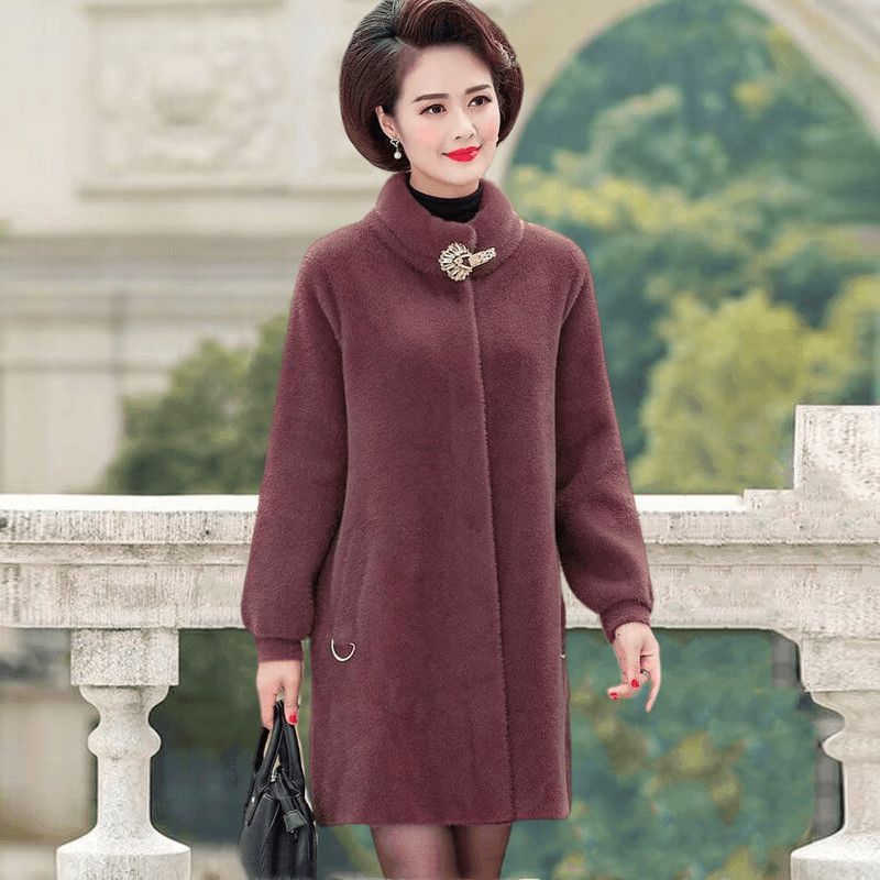 Mom Imitation Mink Jacket Medium and Old Temperament Woolen Coat Autumn and Winter Thickened Pocket Imitation Fur Cardigan Women