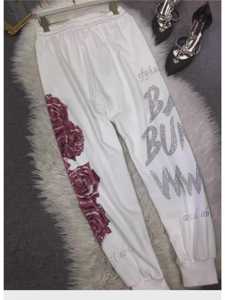 Luxuriöse, figurformende Jogginghose mit Blumenmuster und hoher Taille für Damen – Baumwolle, XXL, 90–136 kg
