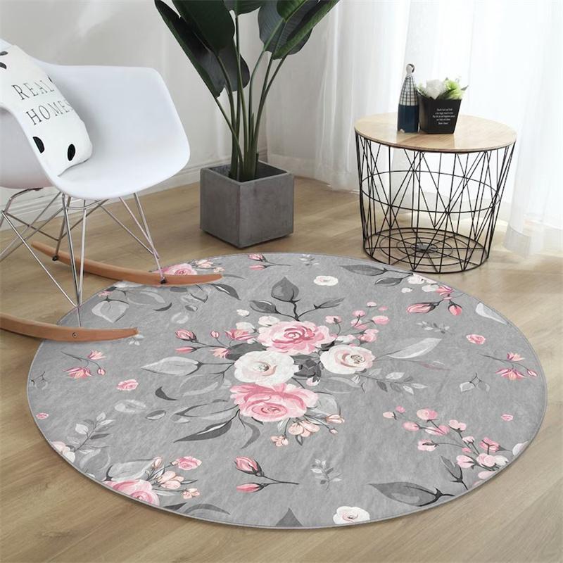 Rose Round Rug Floral Floor Carpet Flower Non Slip Circle Rugs Plant Anti Slip Mat Bloom Area Rugs Green Rug for Living Room