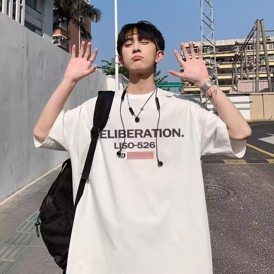 Pánské trendy tričko s krátkým rukávem s kulatým výstřihem a kulatým výstřihem na léto Volný ležérní top