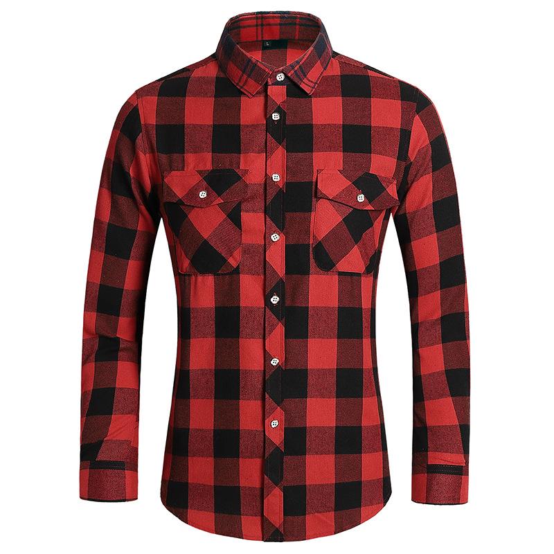 2025 Men's Plus Size Plaid Long Sleeve Shirt with Double Pockets