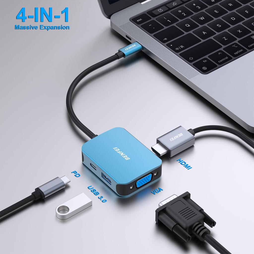 BENFEI USB C HUB USB To HDMI VGA USB C To USB USB Power Compatible with iPhone 15 MacBook iPad XPS 17 4in1, Type-C Adapter, Adapter, Type-C Delivery,