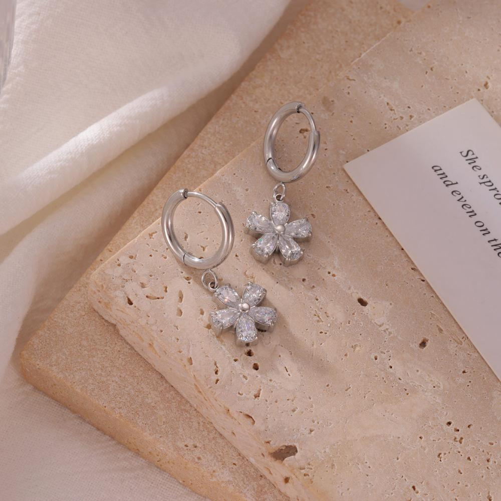 Trendy Cubic Zirconia Flower Earrings Cute Pendant Gold Plated Stainless Steel Non Tarnish Waterproof Hoop Earrings for Women