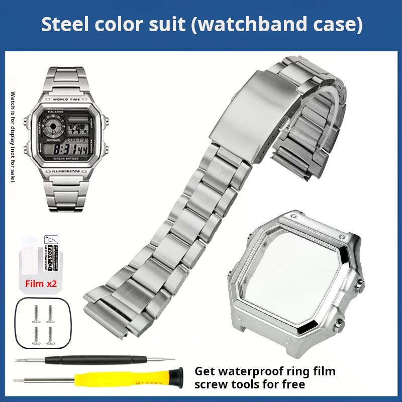 AE1200 Metal Case+strap Mod Kit For Casio Small Block AE-1200 AE-1300 Stainless Steel Strap Black Silver Watch Band Men Bracelet