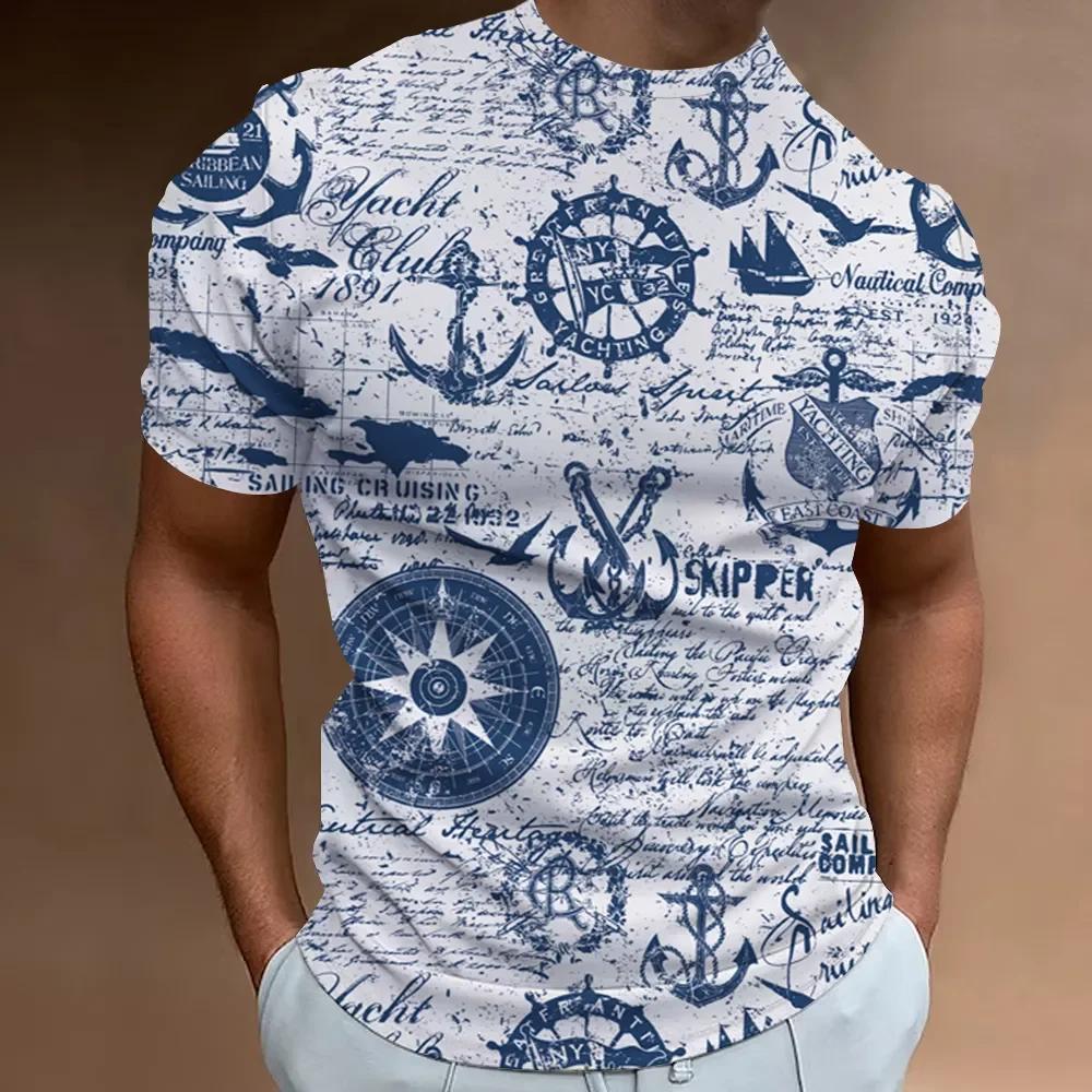 Ny T-skjorte 3D-trykket Nautisk Mønster Sommer Herre Klassisk Vintage T-skjorte Topp Herre Casual Oversized Rund Hals T-skjorte