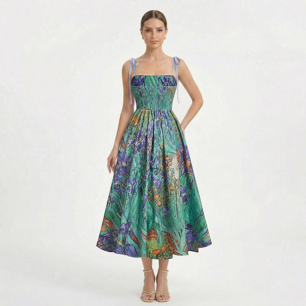 Vestido Corsé Bustier Floral para Mujer Tirantes de Lazo Fruncido Fluido Boho Largo Vestido de Sol