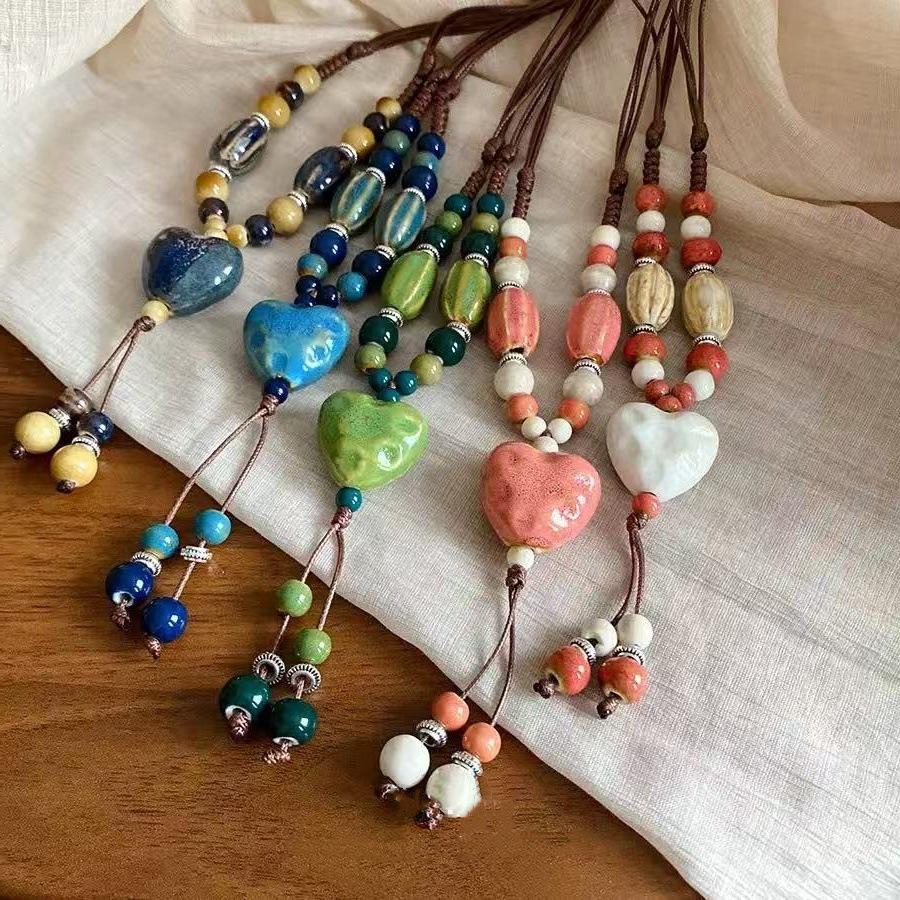 JMXD-Creative Retro Ethnic Style Hand-woven Long Sweater Chain Literary and Versatile Ceramic Love Necklace Accessories