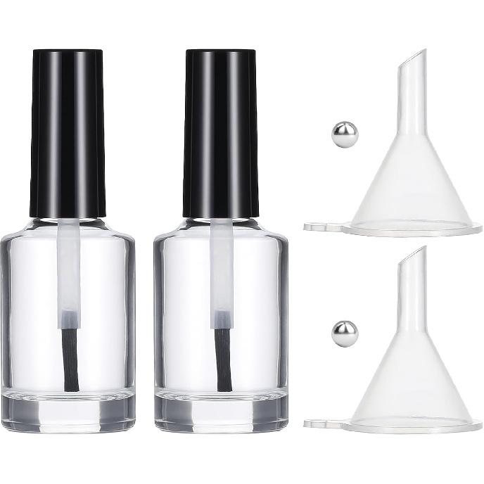 2 Pcs Empty Fingernail Polish Bottles Empty Nail Polish Bottles with Brush 15ML Glass Bottle with Cap Funnel Mixing Balls Clear Nail Polishes