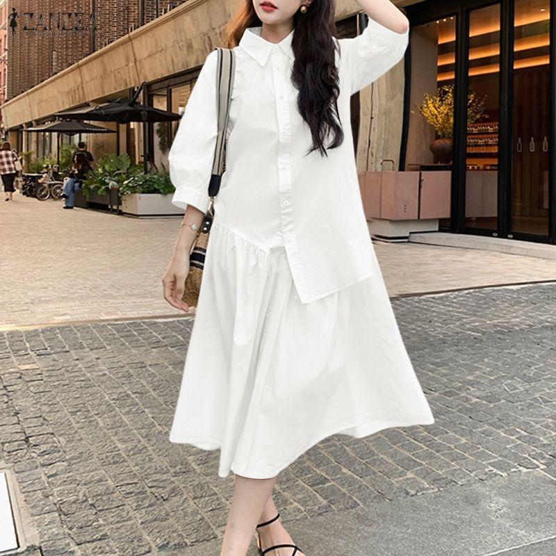 ZANZEA Women Turn Down Collar Long Sleeve Loose Casual Shirt Dress