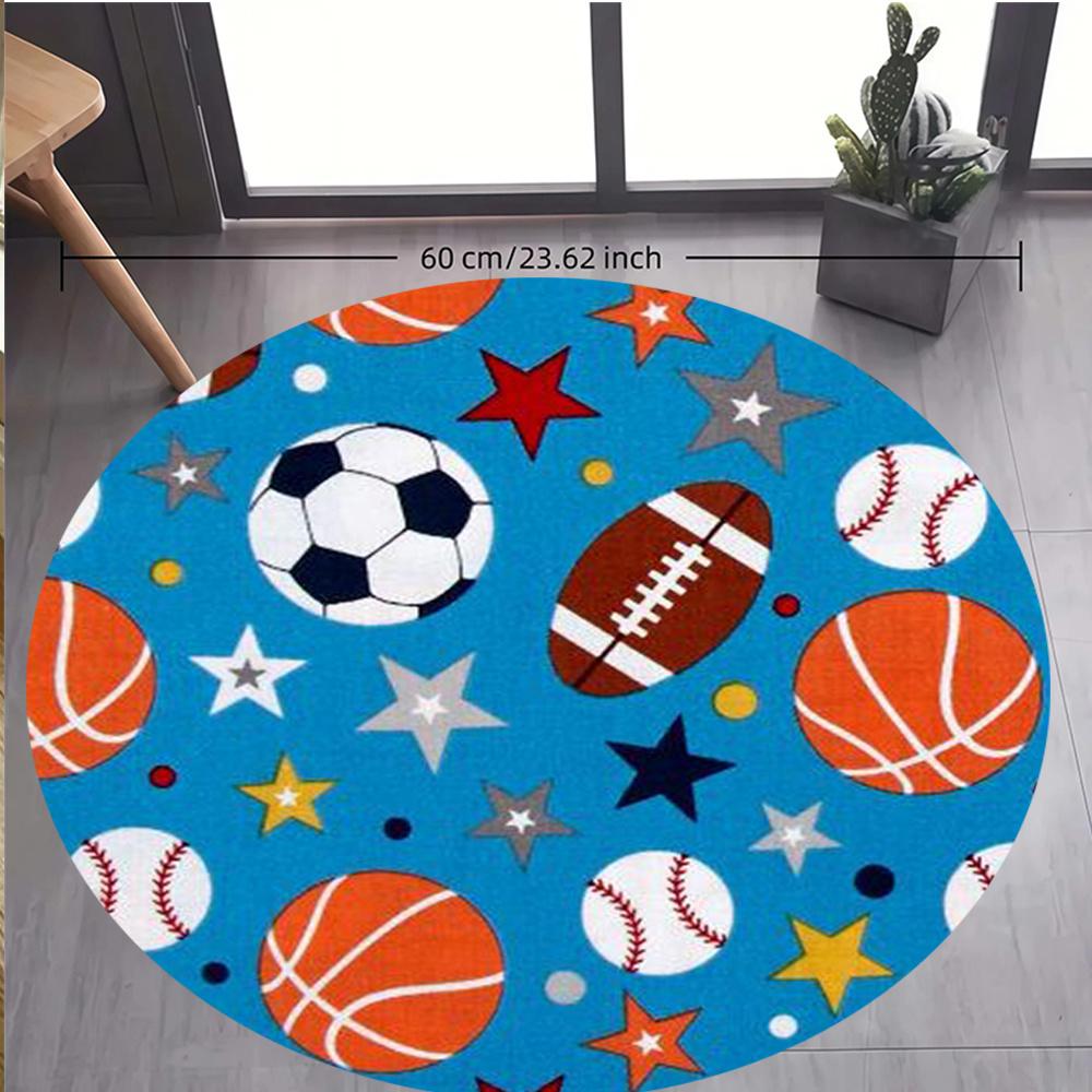 Bedruckter runder Flanellteppich mit Basketball-, Fußball- und Baseballmuster für Kinderzimmer oder Spielbereiche, weich, rutschfest