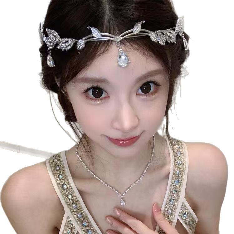 Pendente Foglia Diamante Goccia d'Acqua Corona Copricapo in Lega Retro per Festival