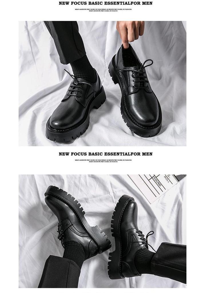 2025 Men's Chunky Glossy Leather Lace-up Casual Shoes with Thick Sole & Square Heel