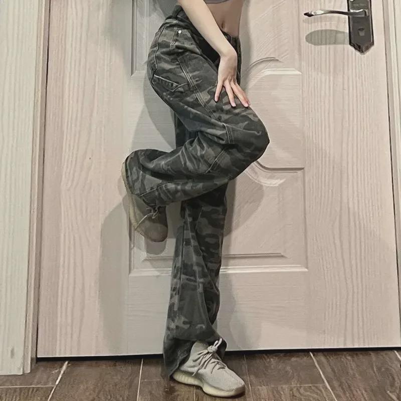 2023 Retro High Street Camouflage Flared Trousers: Women's High-Waist, Slim-Fit Summer Overalls