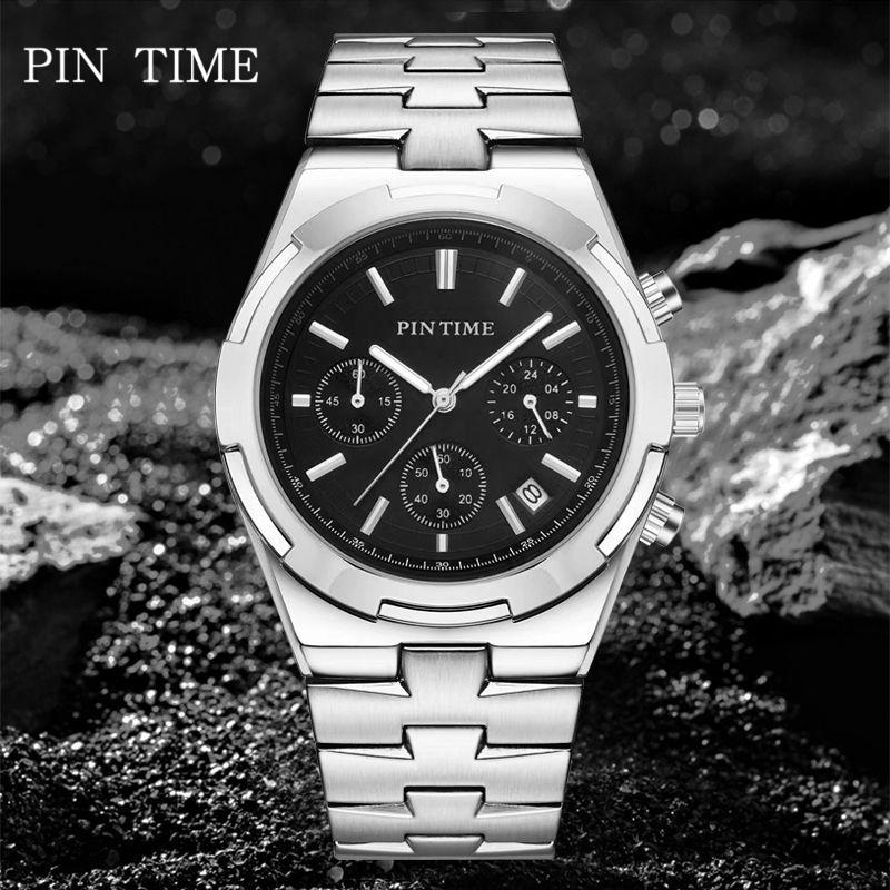 

PINTIME Мужские часы Стильные повседневные ремешок из нержавеющей стали Шестиконтактные многофункциональные водонепроницаемые кварцевые часы