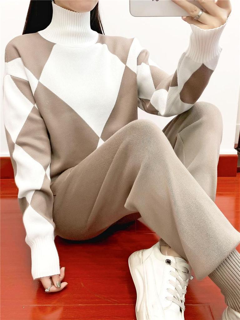 Conjunto de Duas Peças de Malha Casual Xadrez para Outono/Inverno 2025