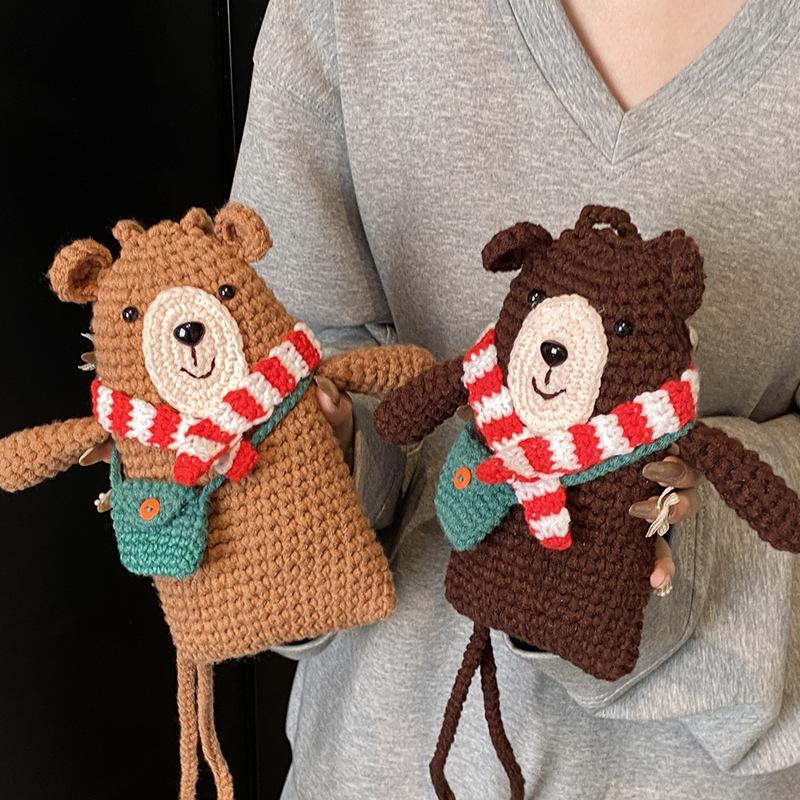 Cute wool woven bear Christmas wind mobile phone change bag personality versatile trend messenger bag woman