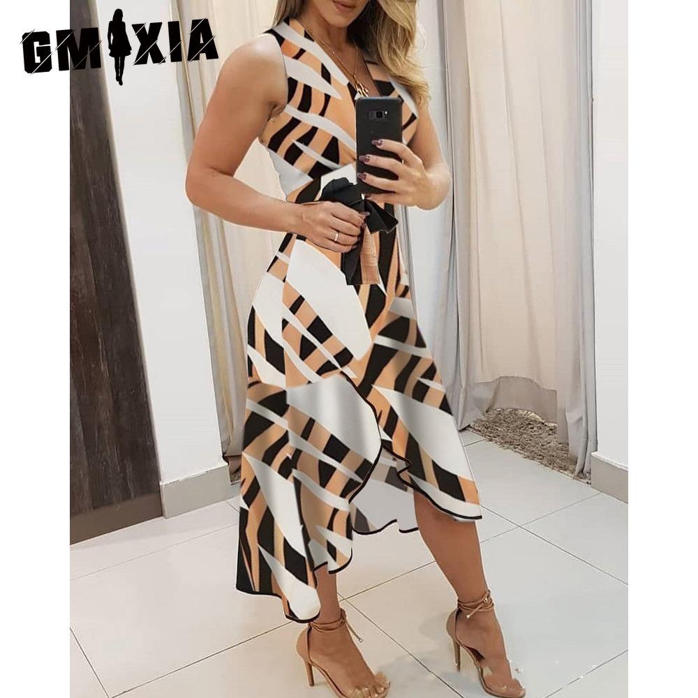 GMXIA New Fashion Women Sleeveless V-Neck Colorful Print Tank Dress