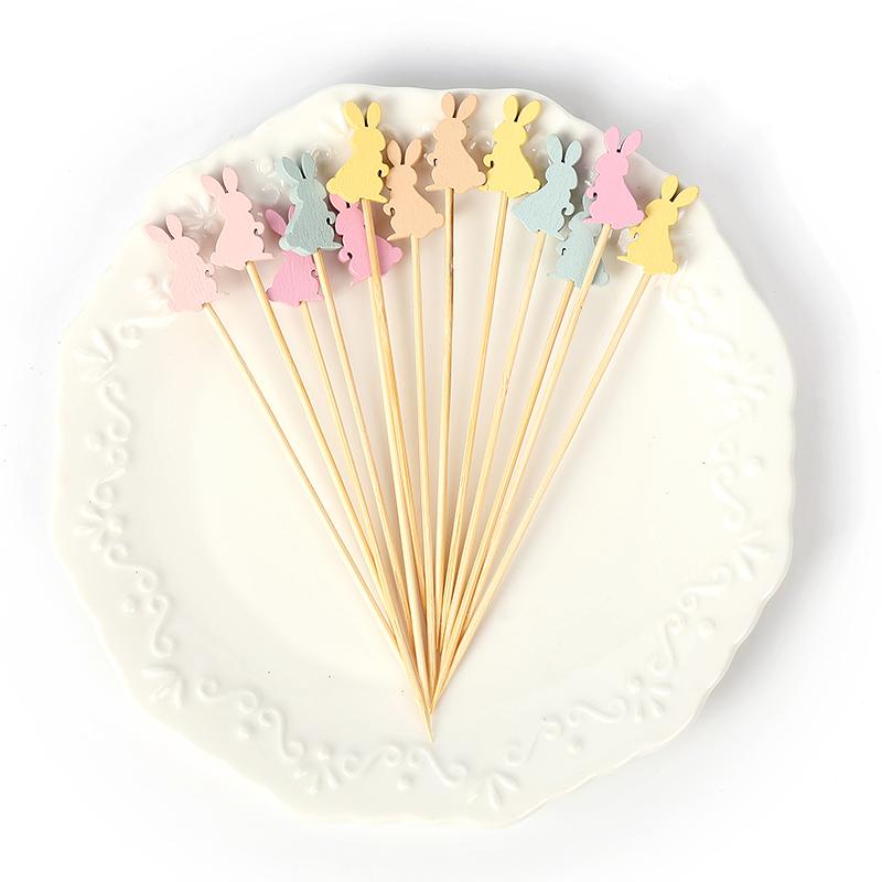100pcs Easter Disposable Bamboo Skewers Rabbit Eggs Food Picks Fruit Fork Cupcake Buffet Stick Easter Party Decoration Birthday