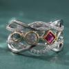 Vintage Two Color Inlaid White Red Green CZ Women's Ring Geometry Hollow Daily Wear Party Jewelry