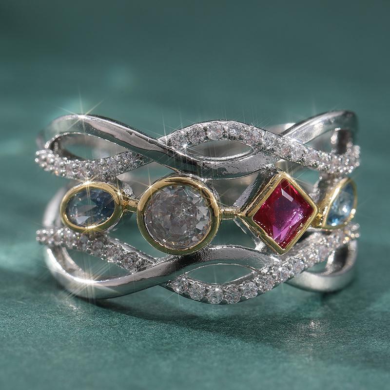 Vintage Two Color Inlaid White Red Green CZ Women's Ring Geometry Hollow Daily Wear Party Jewelry
