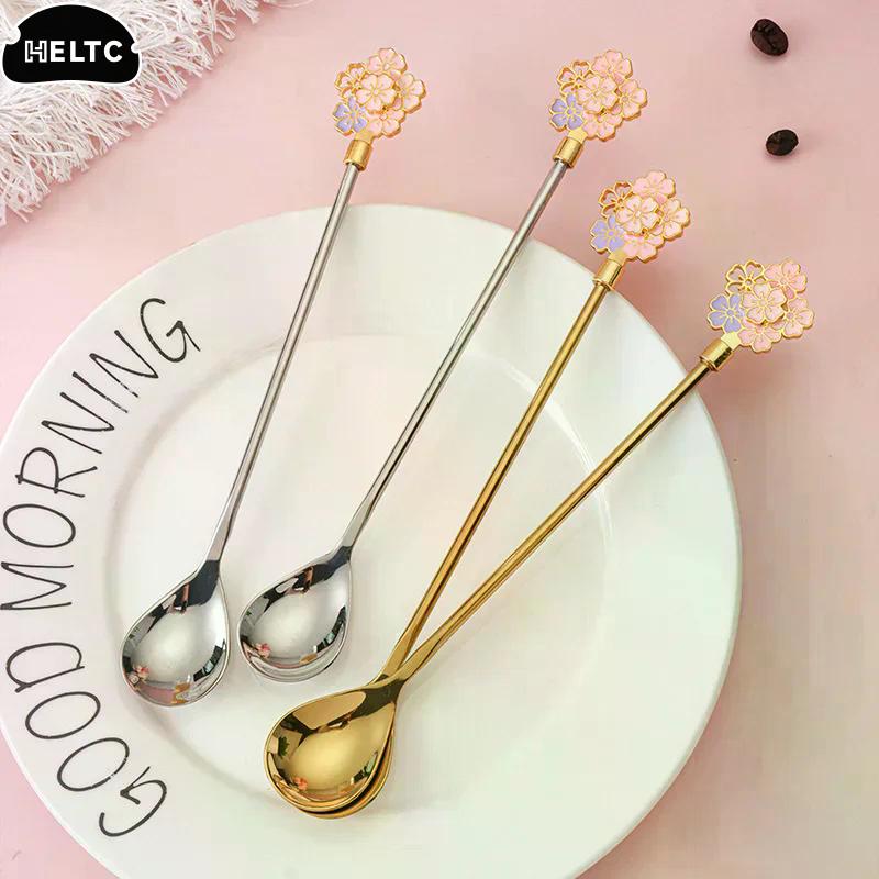 Stainless Steel Japanese Cherry Blossom Spoon Exquisite Dessert Long Handled Ice Spoon Household Bird's Nest Mixing Spoon