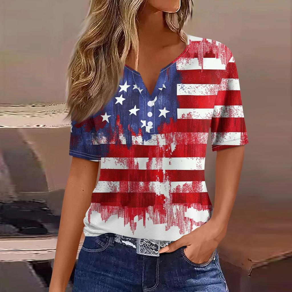 T-skjorte for kvinner med kortermet knapp med kortermet t-skjorte daglig helgmote Basic V-hals vanlig topp