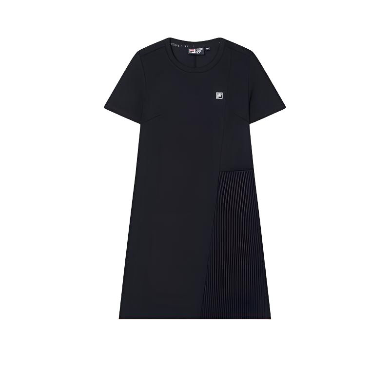 Fila Fashion Casual Pleated Round Neck Knit Short Sleeve Dress Women Dresses Legendary-Blue F61W427306ANV