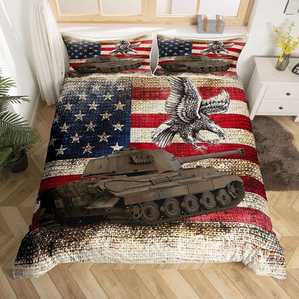 Cartoon Tank Duvet Cover War Theme Bedding Set For Kids Boys Man Soldier Camouflage Army Acting Polyester Comforter Cover King