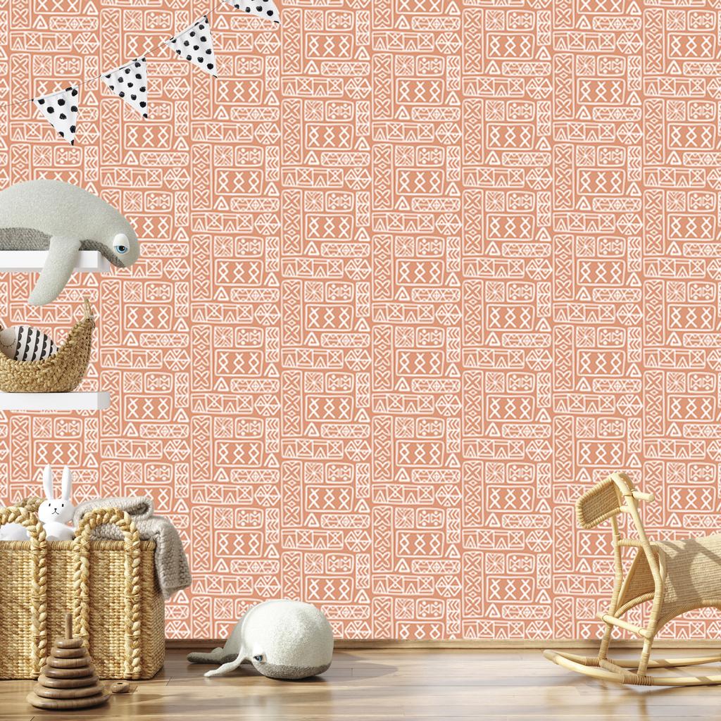 Polynesian Geometric Pattern Wallpaper Cream and Peach 50x1000