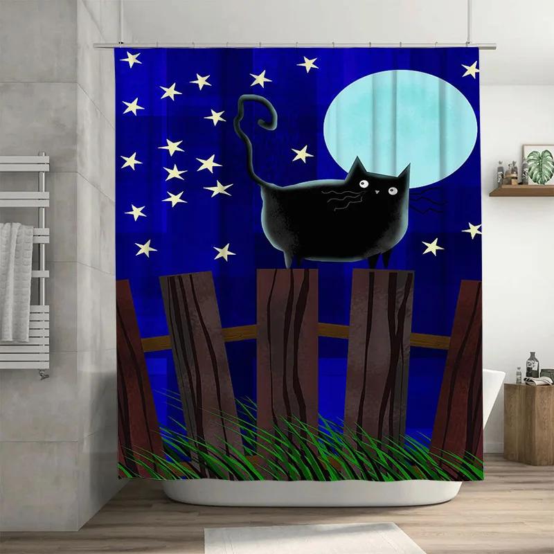 

Night Sky Blue Moon Black Cat Shower Curtain Waterproof Bathroom Decor Home Decoration Window View Design Modern Art Print Custo W90xH180cm