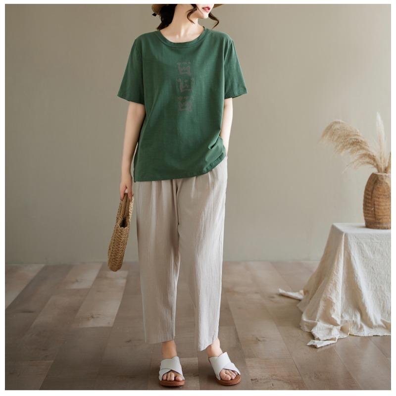 DIMANAF 2026 Summer Women Plus Size New Tees Shirt Vintage Print Short Sleeve Cotton Casual Loose Lady Tops