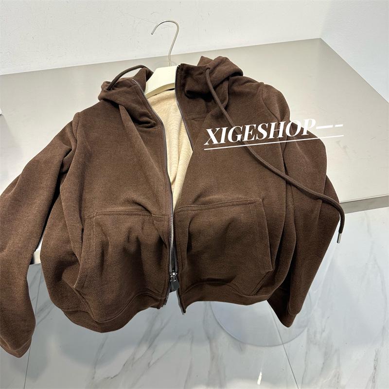 Женская темно-серая толстовка с капюшоном и воротником-стойкой Мягкая свободная облегающая повседневная куртка на молнии на осень Medium 3595₽