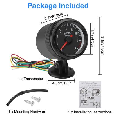 2" 52mm Auto-Tachometer Drehzahlmesser 0-8000 U/min Analoges schwarzes Gehäuse mit weißer LED für 1-8 Zylinder Benzinauto
