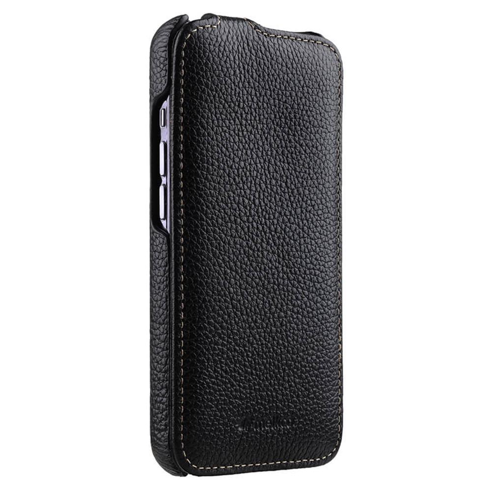 MELKCO For iPhone 15 Pro Max Case Litchi Texture Genuine Cow Leather+PC Vertical Flip Cover