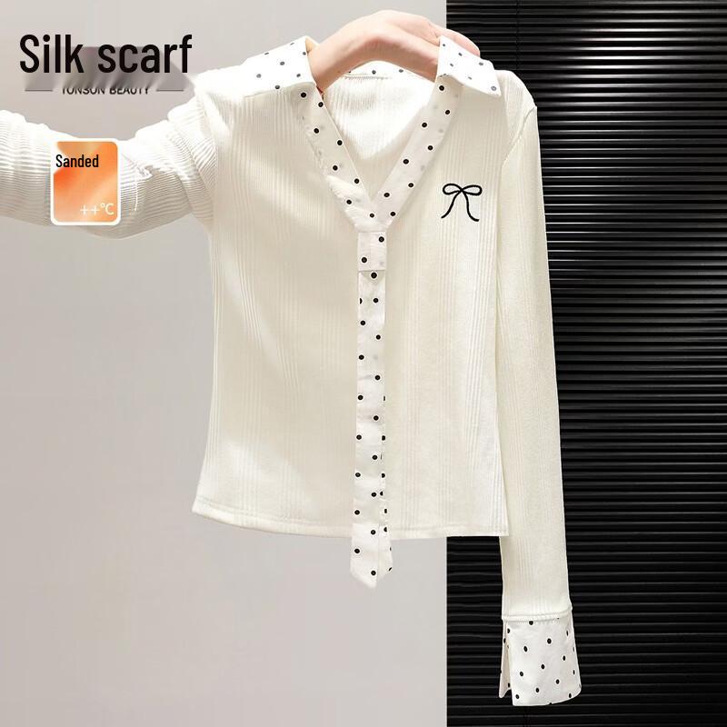 Women s Collared Polka Dot Long-Sleeve T-Shirt M