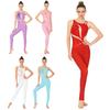 Tuta da ginnastica da donna asimmetrica sulle spalle con schiena scoperta e cinturini, pantaloni lunghi con strass