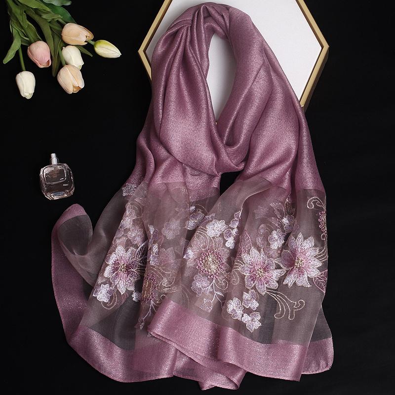 Luxury Silk Shawl Scarf for Women Design Embroidery Flowers Hijab Wraps Bufandas Female Headkerchief Fouloud Echarpe