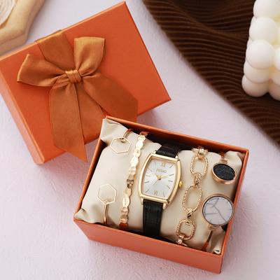 Einfacher und modischer High-End-Design-Trend quadratisches Zifferblatt Lederarmband Quarz Uhr Damenuhr Schmuck Fünfteiliges Set