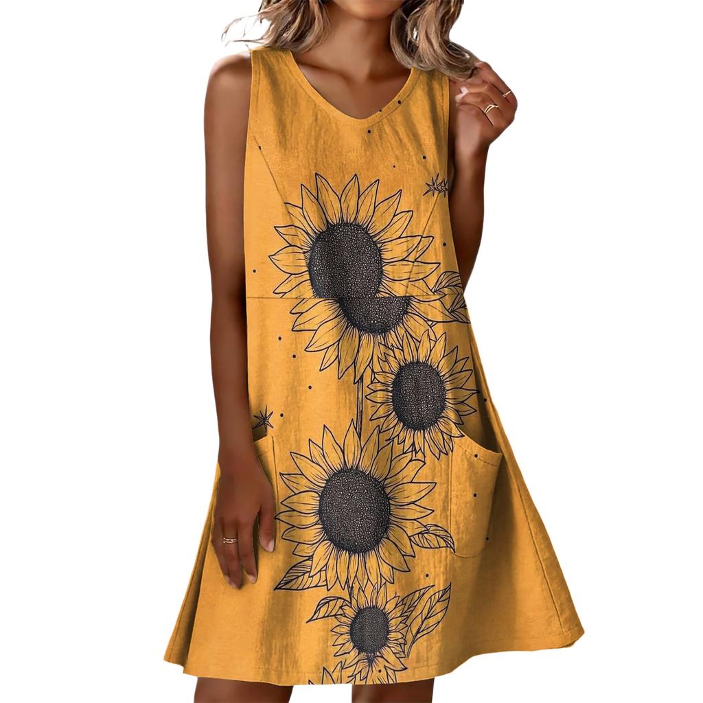 Summer Dresses For Women Loose Beach Vacation Casual Sleeveless V-neck  Sundresses With Pockets Tank Dress
