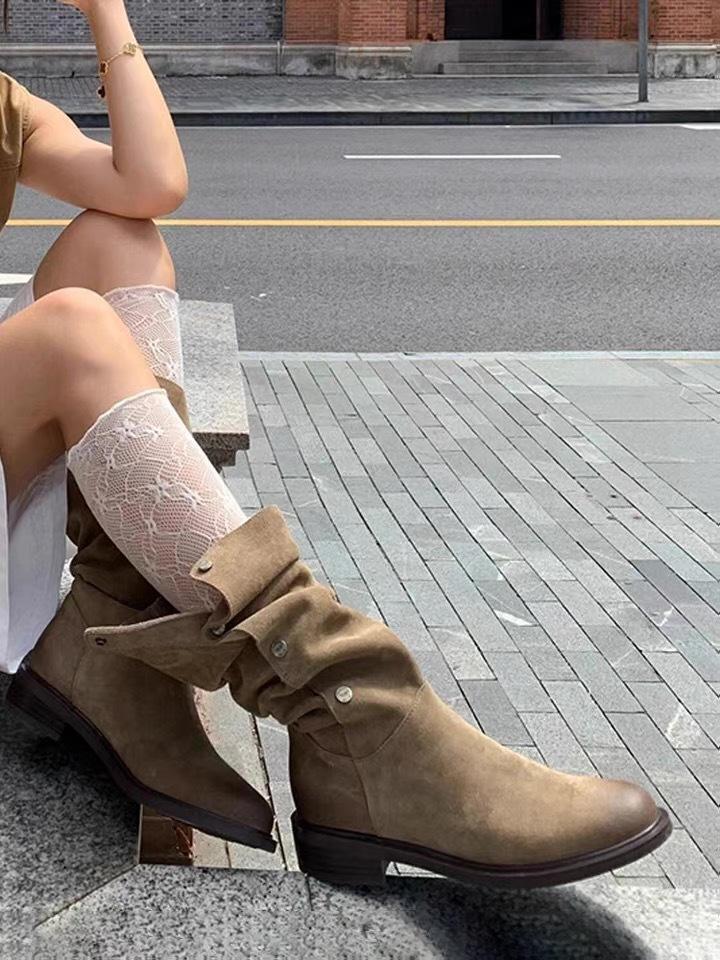 Sheepskin Version~ Retro Suede Round Head Thick Heel Stacking Boots Medium and High Boots Women Fold Two Wear Western Cowboy Boots