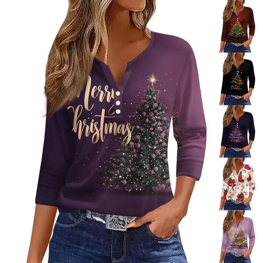 Moda Feminina Casual Estampa de Árvore de Natal Decote em V Botão Decorativo Manga Três Quartos Camiseta Top