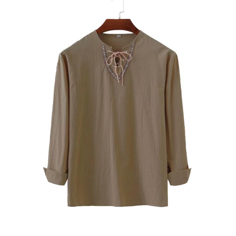 New Men's Loose Solid Color Drawstring Long Sleeve Shirt Cotton Hemp Collar Men's Shirt