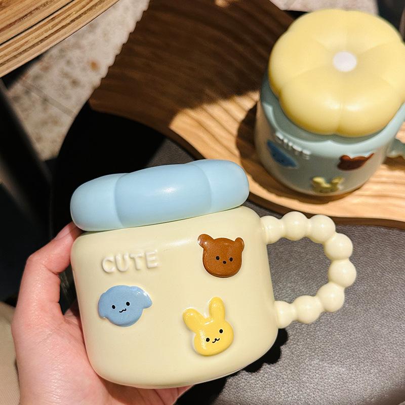 Cute Cartoon Animal Ceramic Mug with Lid High Value Household Water Cup Breakfast Milk Oatmeal Cup Souvenir